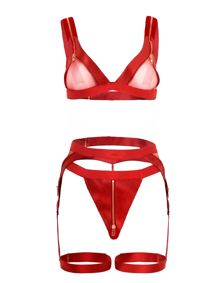 Exposed Vinyl & Mesh Bralette. Garter & Chaps