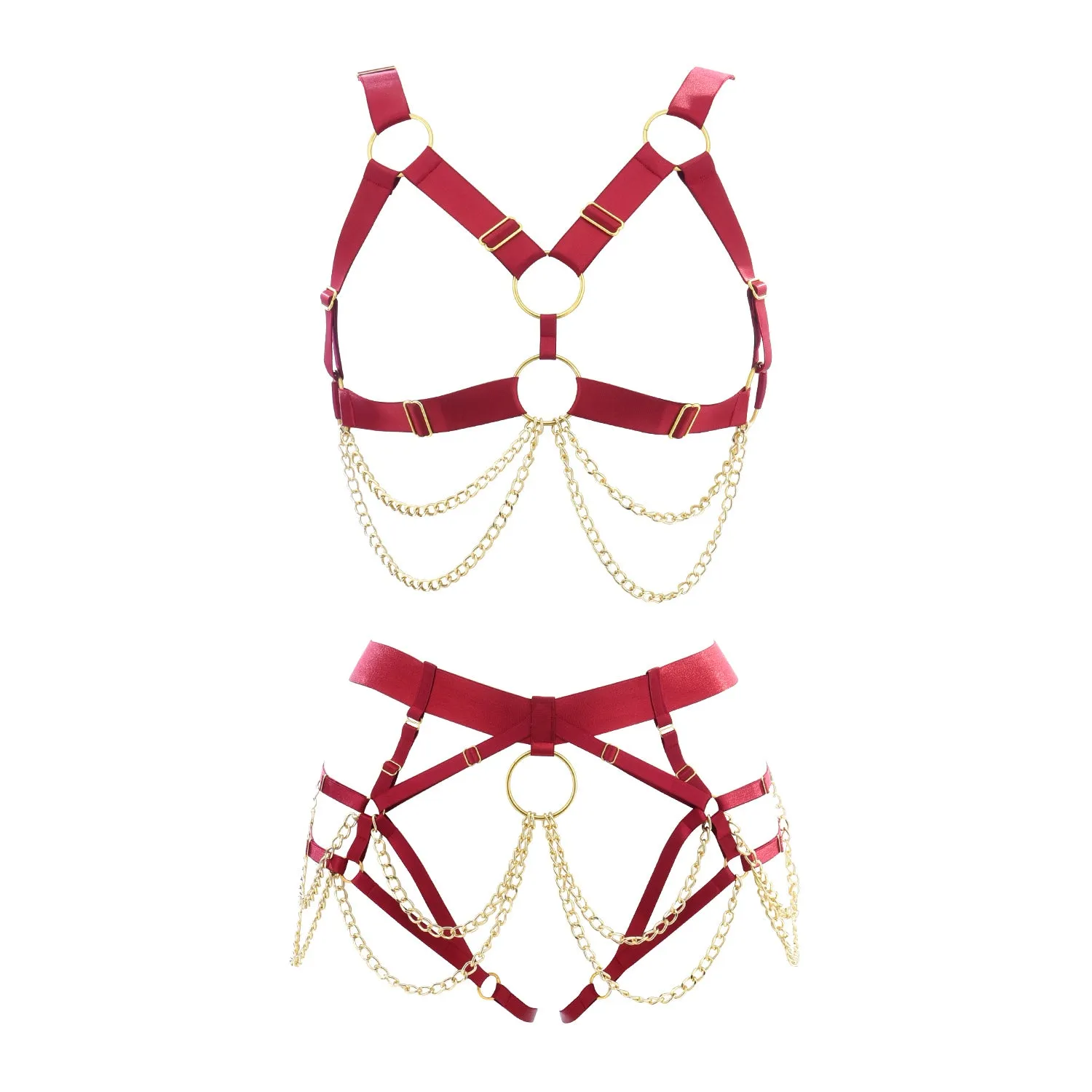 Fetish Maroon Series | Open Breast | Crotch less | Adjustable | Unisex | Gold Chains
