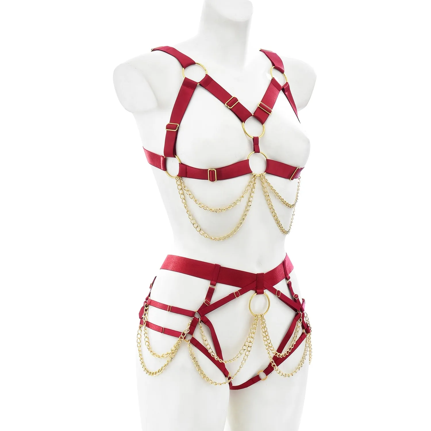 Fetish Maroon Series | Open Breast | Crotch less | Adjustable | Unisex | Gold Chains