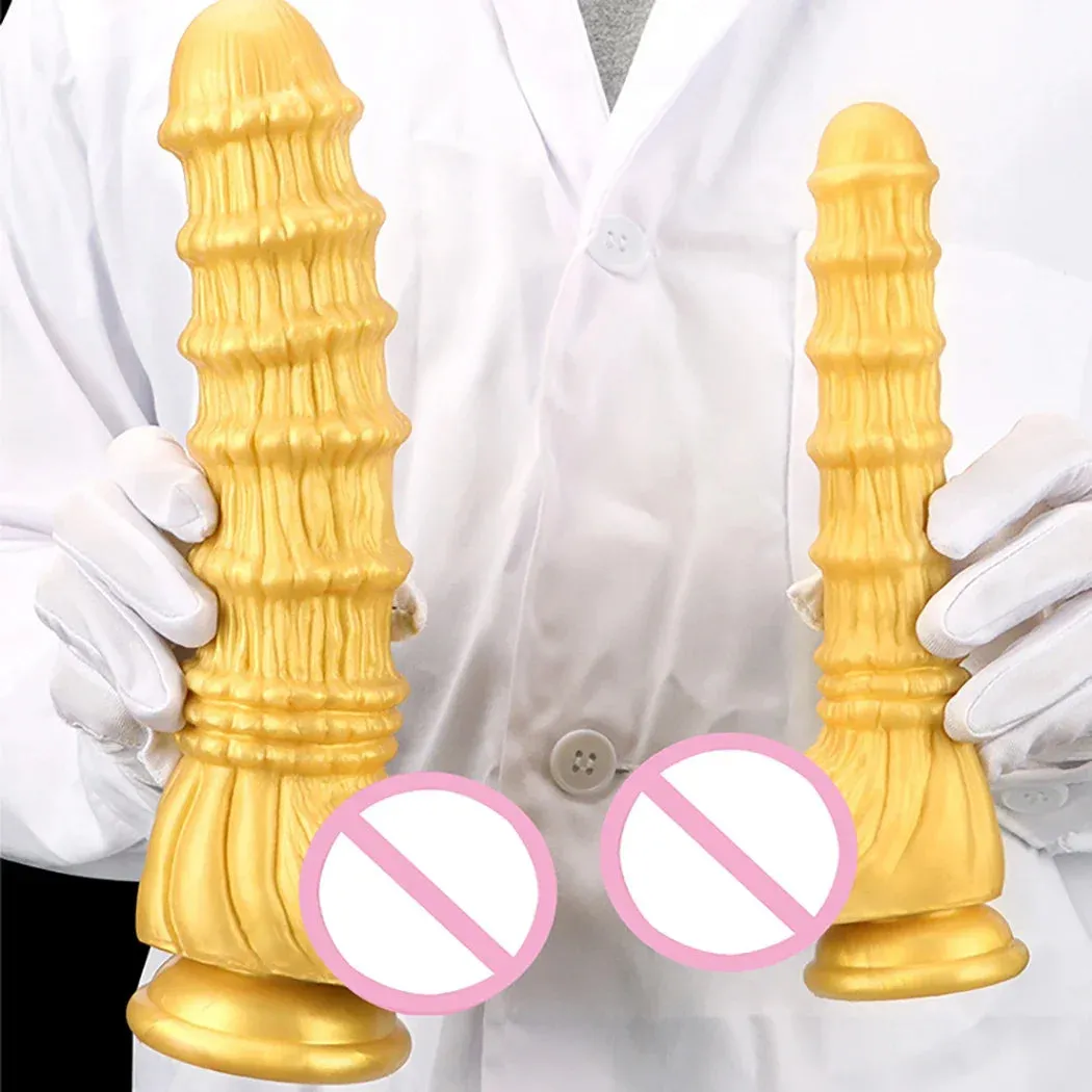 Huge Fantasy Anal Dildo Butt Plug - Golden Knotted Silicone Dildos Suctions Cup Sex Toy