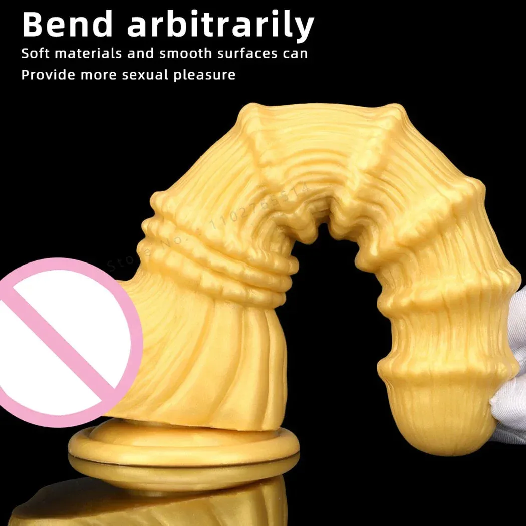 Huge Fantasy Anal Dildo Butt Plug - Golden Knotted Silicone Dildos Suctions Cup Sex Toy