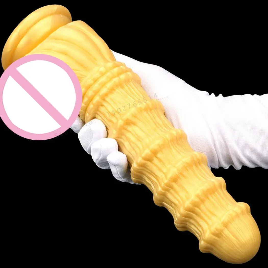 Huge Fantasy Anal Dildo Butt Plug - Golden Knotted Silicone Dildos Suctions Cup Sex Toy
