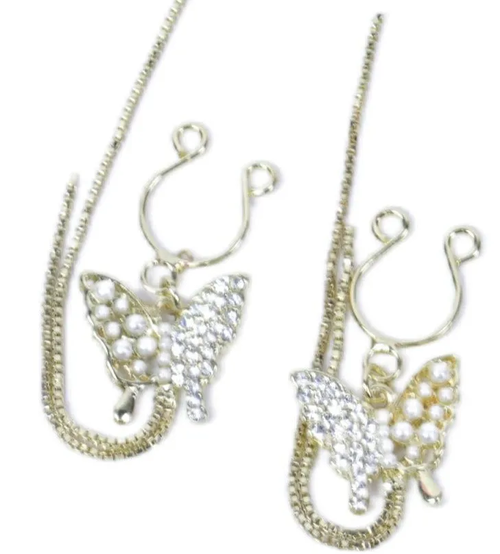 Inspire Non Piercing Gold Butterfly Nipple Ring | Pearls | 2 Tassels