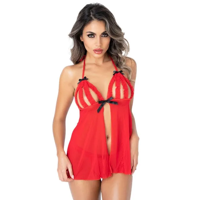 Lenjerie sexy 2 piese DARING INTIMATES Peak-A-Boo Ruffle. babydoll cu decupaje și chilot tanga. roșu. mărime L/XL. model 75124 (75124L)