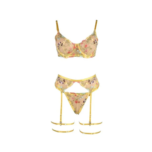 Lenjerie sexy 4 piese ADALET Zoey. Sutien   Chilot tanga   Portjartier   Jartiere. galben cu dantelă florală. mărime L/XL