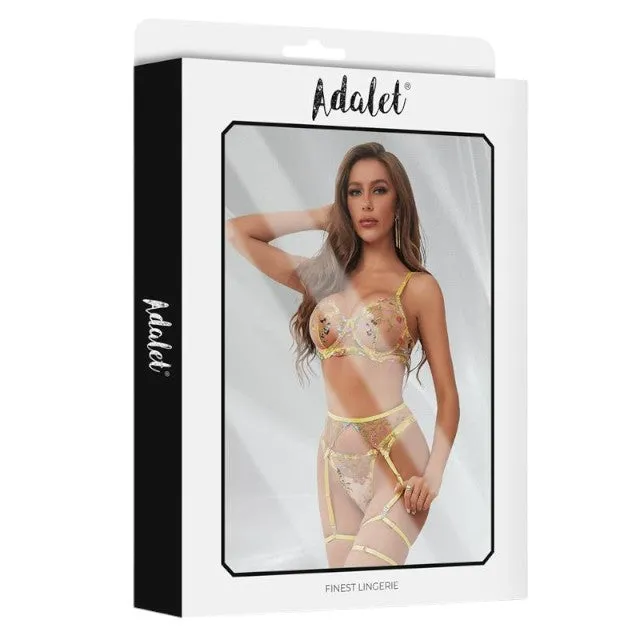 Lenjerie sexy 4 piese ADALET Zoey. Sutien   Chilot tanga   Portjartier   Jartiere. galben cu dantelă florală. mărime L/XL