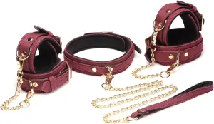 Mystim Real Leather 6 Piece Burgundy Bondage Set | Wrist | Ankles | Collar | Chain