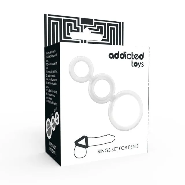 Set 3 inele pentru penis conectate ADDICTED TOYS Rings Set. din TPR. diametre progesive 2.8 - 5 cm. alb transparent