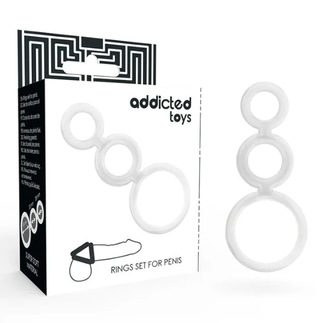 Set 3 inele pentru penis conectate ADDICTED TOYS Rings Set. din TPR. diametre progesive 2.8 - 5 cm. alb transparent