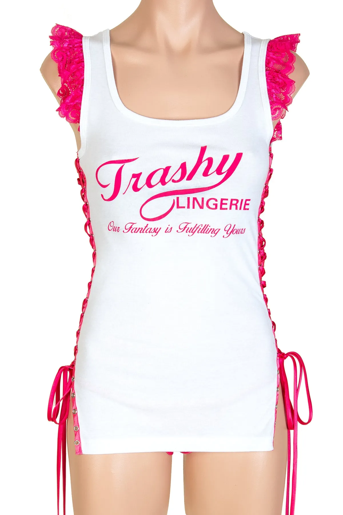 Trashy Lace-Up Ruffle Tank Top (Small Parasol Girl Print)