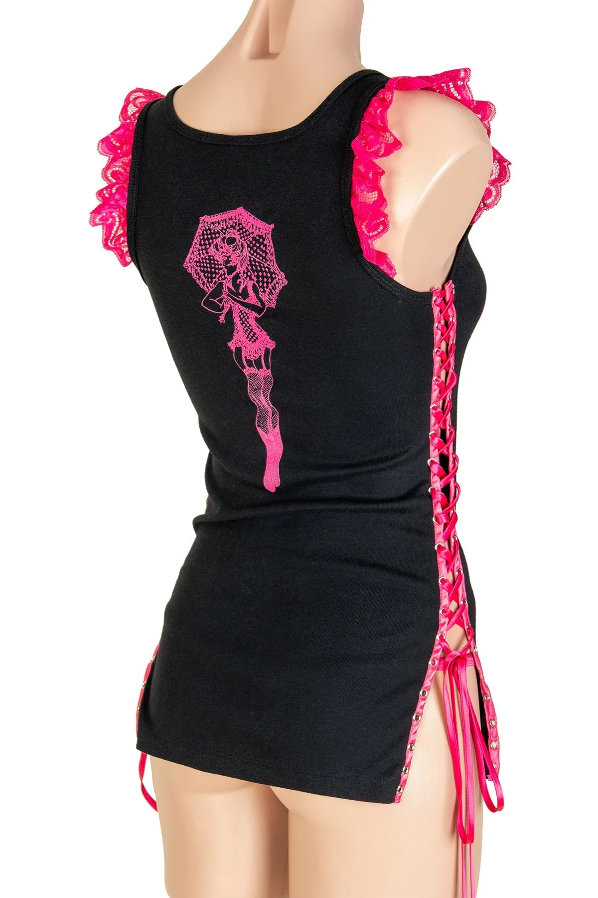 Trashy Lace-Up Ruffle Tank Top (Small Parasol Girl Print)