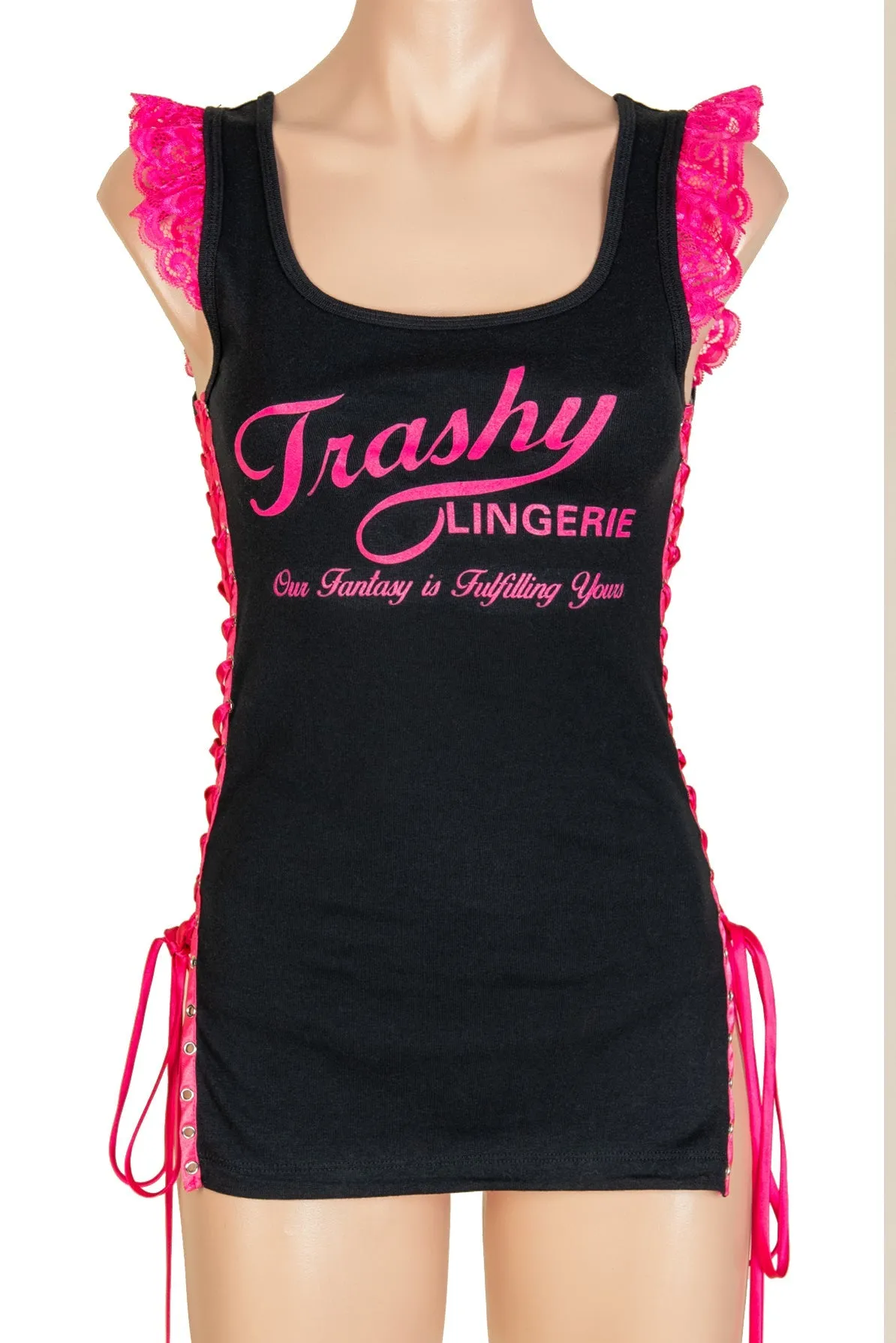 Trashy Lace-Up Ruffle Tank Top (Small Parasol Girl Print)