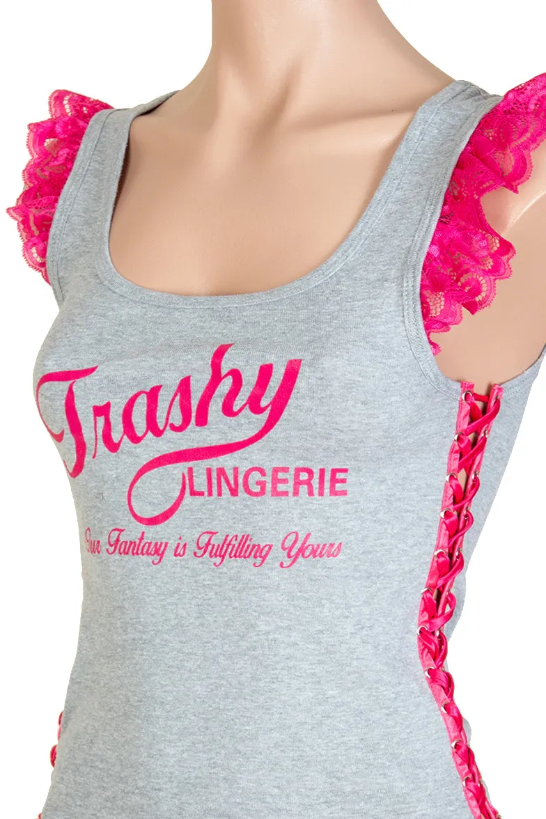 Trashy Lace-Up Ruffle Tank Top (Small Parasol Girl Print)