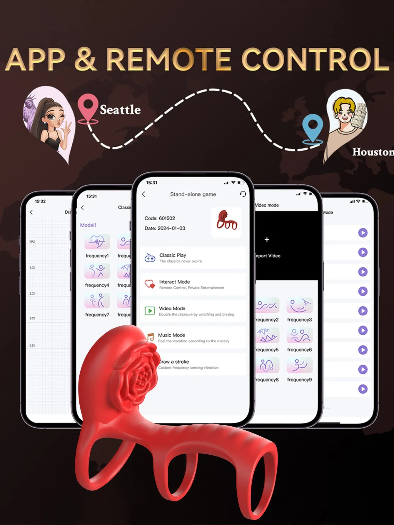 Triple Vibrating Cock Ring Couple Sex Toys - APP Remoter Control Clit Stimulator Rose Toy