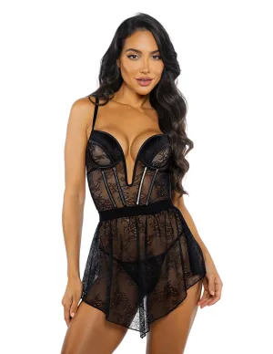 Underwire Lace Plunge Babydoll w. Boning